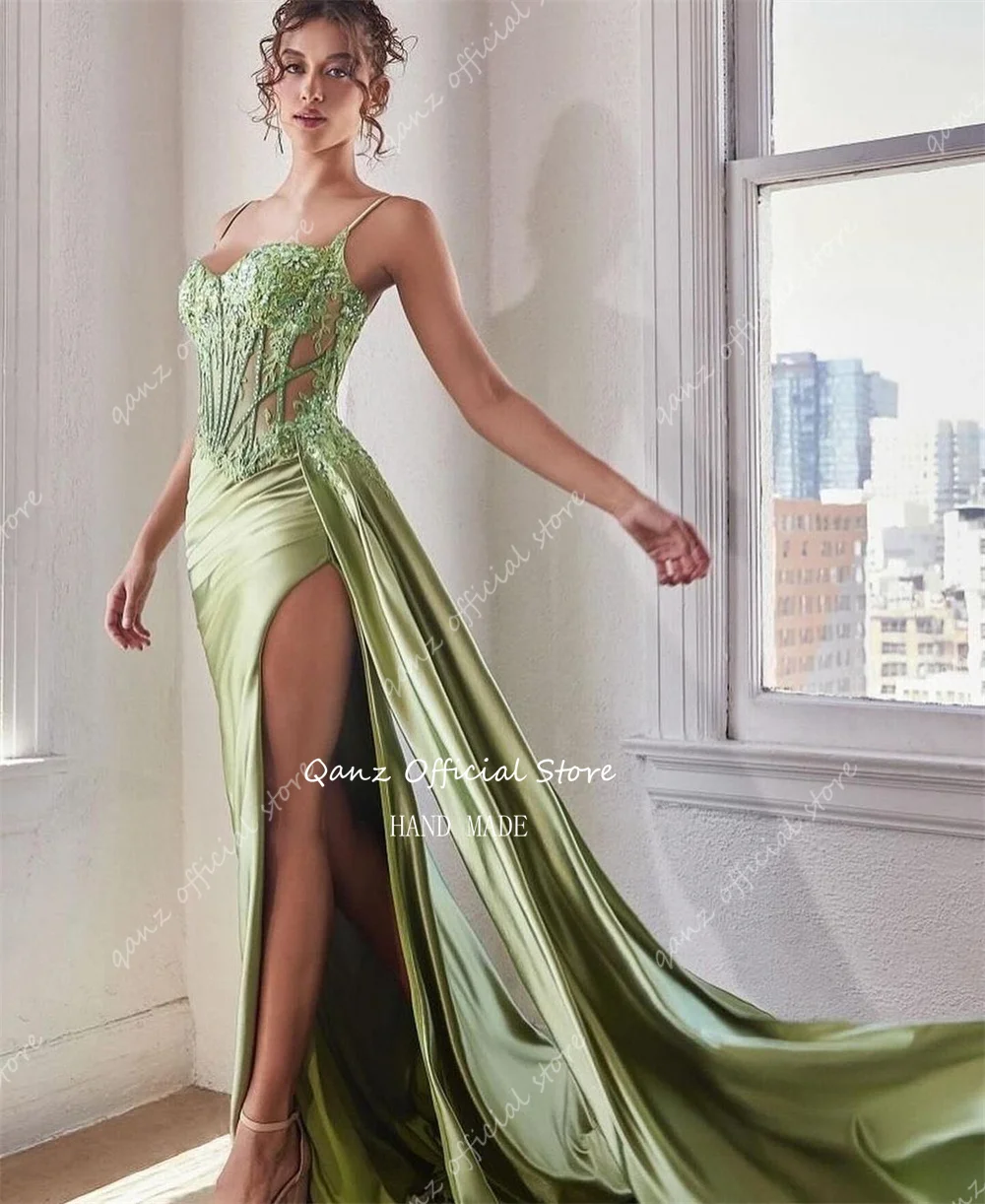 Qanz Sage Green Sexy Evening Dresses Slit Spaghetti Straps Vestidos Para Eventos Especiales Appliques Party Gowns Customized