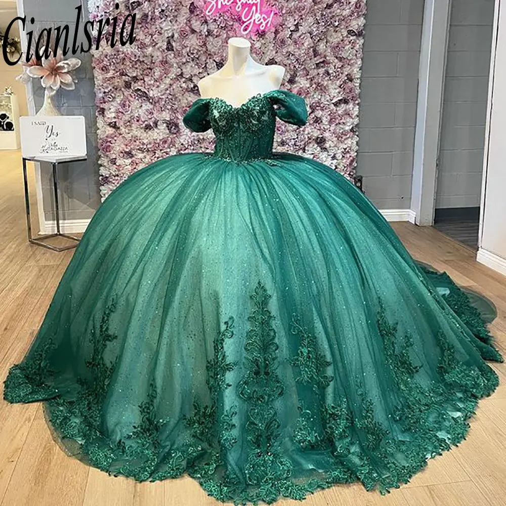 

Изумрудно-зеленые аппликации, кружевные платья Quinceanera, бальное платье с корсетом с открытыми плечами, Vestidos De XV Anos