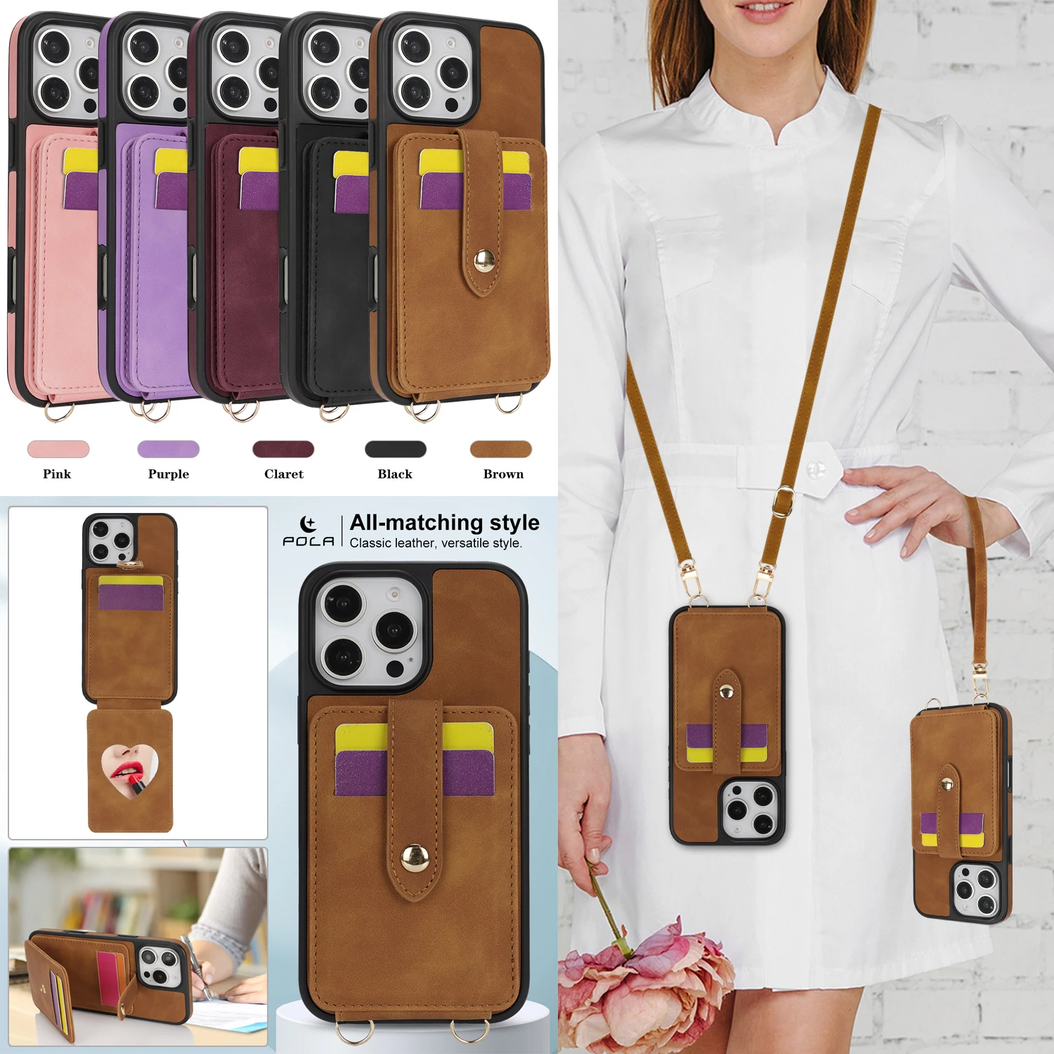 

Mirror Crossbody Wallet Card Slot Leather Phone Case for iPhone 16 Pro Max 15 Plus 14 13 12 Lanyard Flip Stand Cover Hoesje Etui