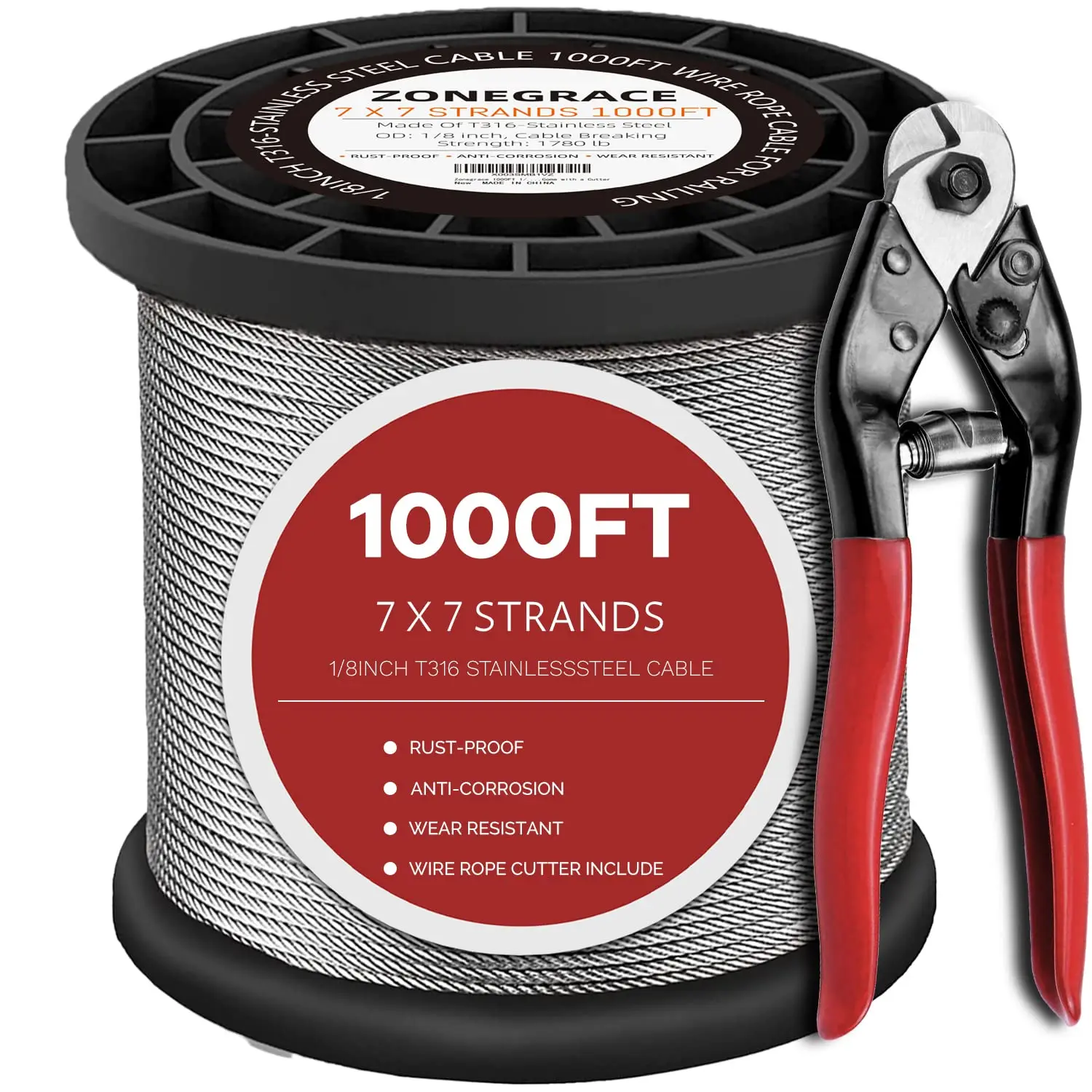 1000FT 1/8 T316 Stainless Steel Cable for Deck Railing, 7x7 Aircraft Wire Rope, Premium Balustrade Kit with Cutter, DIY Stair &