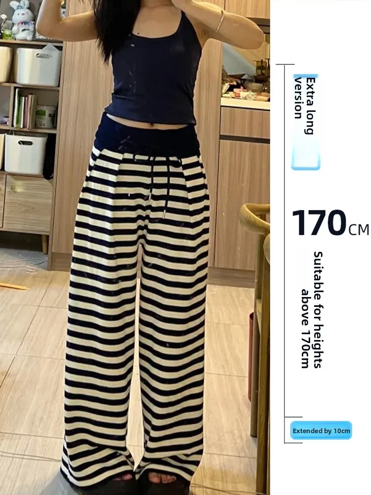 

Женские повседневные брюки в полоску с завязками, удлиненные, прямого кроя, струящиеся, для ранней осени, универсальные, синие, для офиса