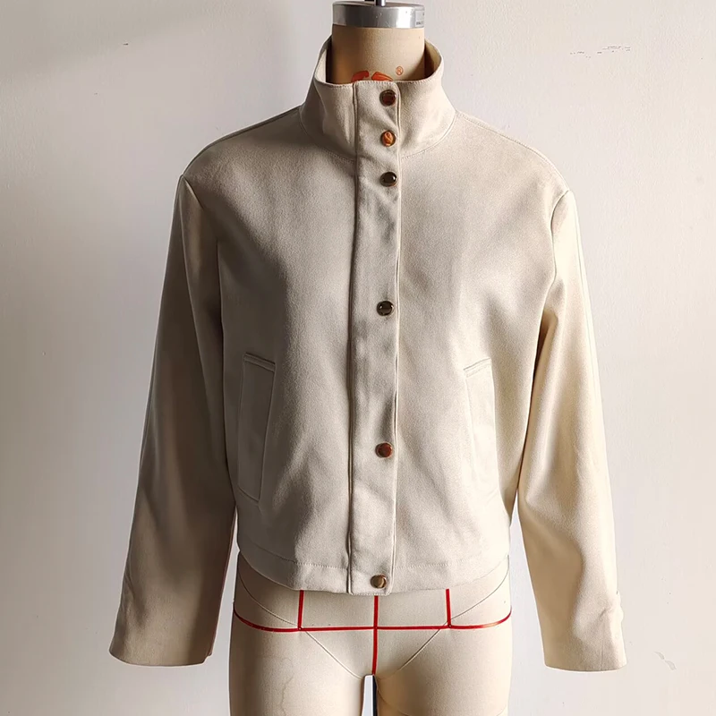 

Бежевая куртка цвета хаки на молнии спереди, пальто для женщин, повседневная верхняя одежда с длинным рукавом и высоким воротом, женская уличная одежда