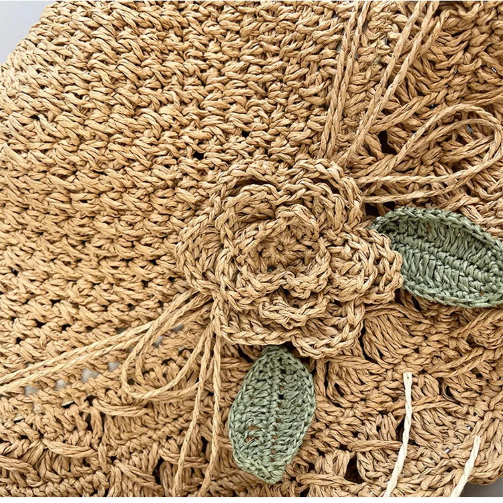 Elegant Crochet Straw Hat with Ruffle Detail Womens Summer Beach Straw Cap UV Protection Hand-Woven Sun Hat