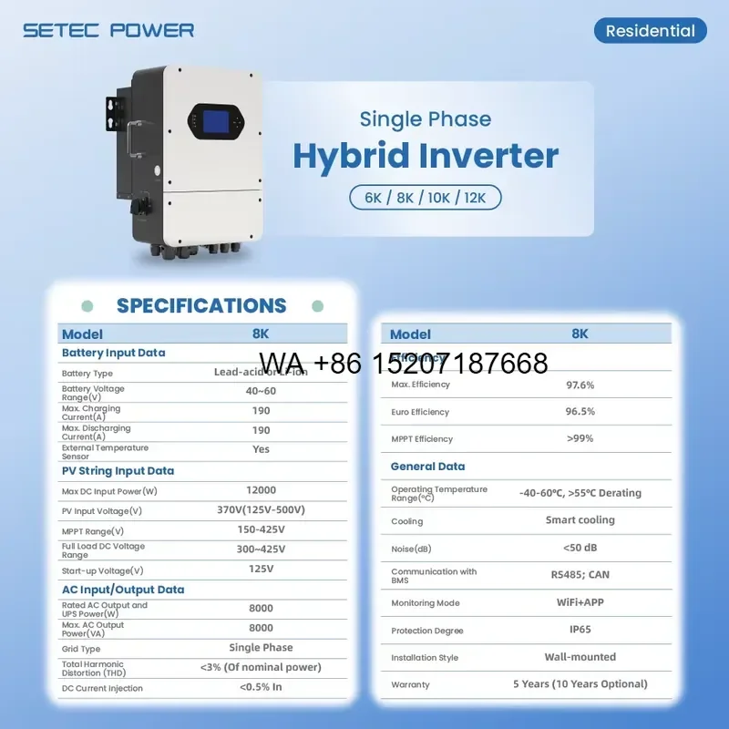 Wmwmnu 8kW Hybrid Solar Inverter Single Phase Residential Energy Storage Inverter with WiFi