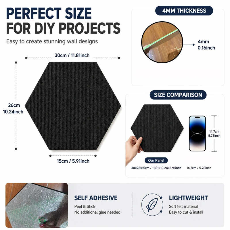Hexagon PET Felt Acoustic Wall Panels Self‑Adhesive Polyester Fiber Sound Absorbing Wall Decor for Home Office Studio