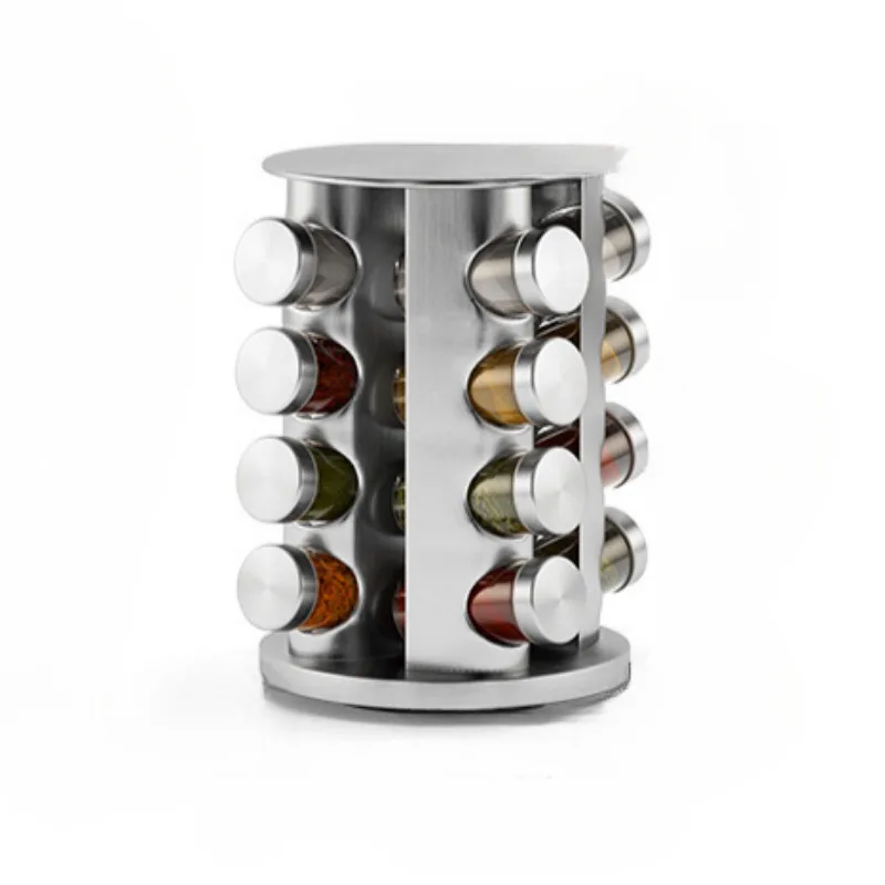 Stainless Steel Rotating Spice Storage Rack Condiments Shelf Seasoning Jar Set Kitchen Supplies 16 Holes Kitchen Accessories