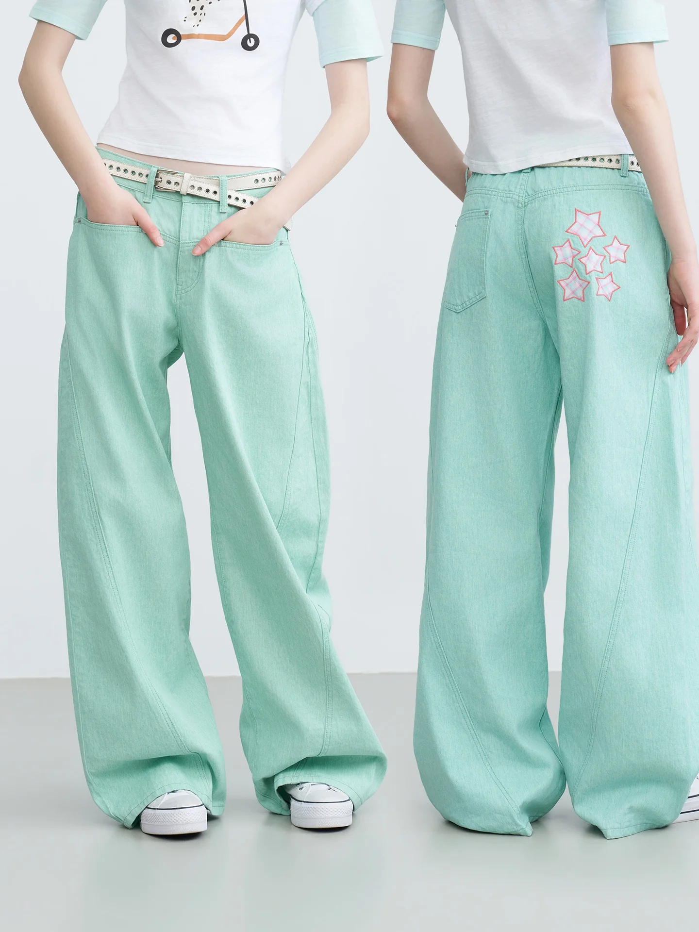 Riverstone plus American Design Printed Casual Denim Jeans Women Loose Leg Long Pants Cotton Comfortable Breathable Spring