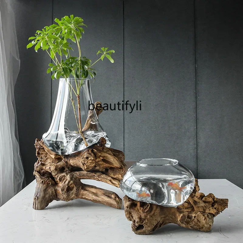 Modern Minimalist Floor Glass Vase Wood Root Carving Decoration Sample Room Soft Decoration  High-End Decoration Fish Tank