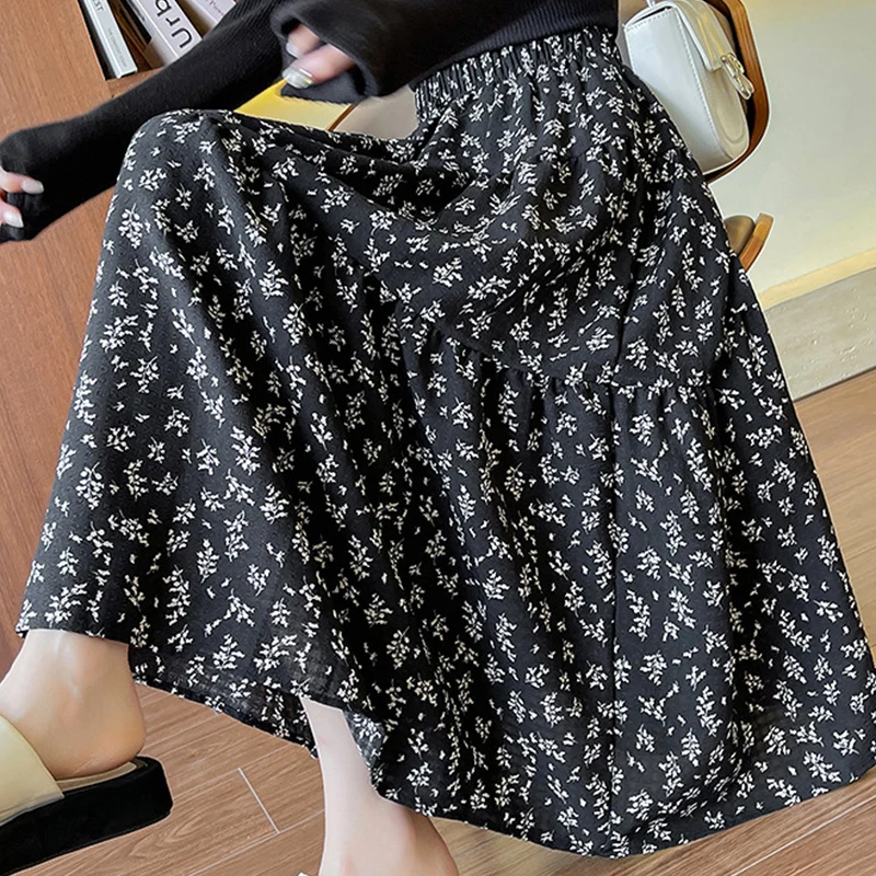 Chic Floral พิมพ์กระโปรงยาวผู้หญิงฤดูใบไม้ผลิฤดูใบไม้ร่วงใหม่เอวยางยืด Big Swing A-Line กระโปรงผู้หญิงความงาม Vintage Midi กระโปรง