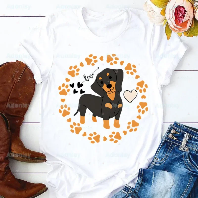 Camiseta feminina engraçada e fofa, Dachshund, Animal Print, T gráfico, Top para senhoras, fêmea