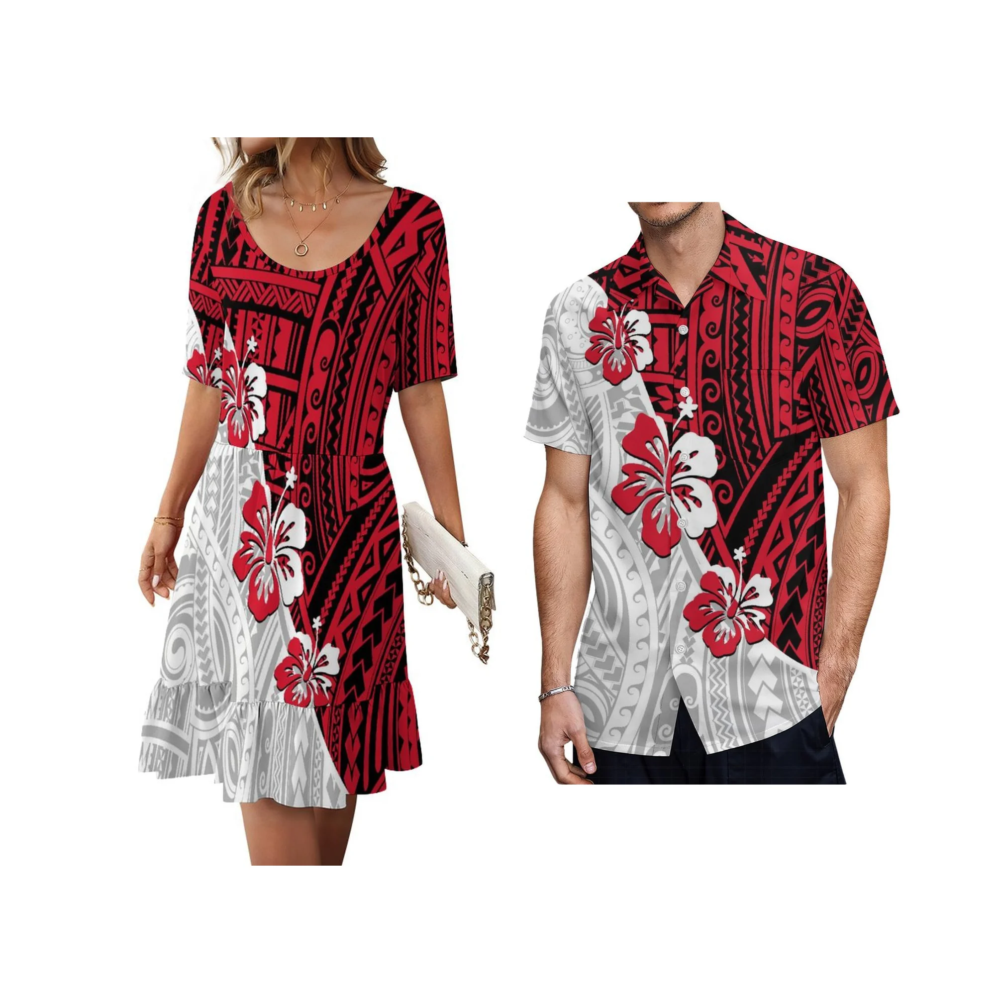فستان قصير بأكمام قصيرة مخصص بتصميم مطبوع هاواي للنساء برقبة دائرية فستان كاجوال بتصميم جزيرة عيد الفصح فستان النادي