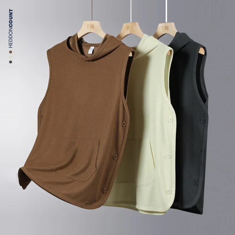 Pop Waffle Hooded Sleeveless Vest Summer New Fashion Solid Color Breasted Solid Color Casual Trendy Sleeveless T-shirts Male Clo