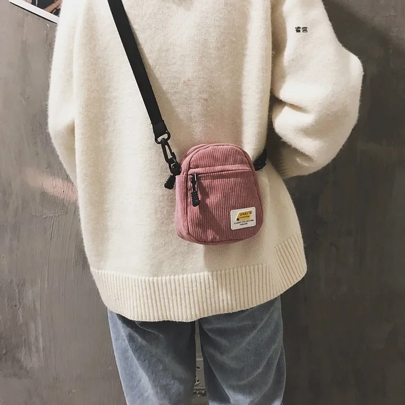 Women Corduroy Shoulder Bag Ins Korean Chic Student Crossbody Bags Wide Belt Disco Bag Purses for Lady Casual Mobile Phone Pouch