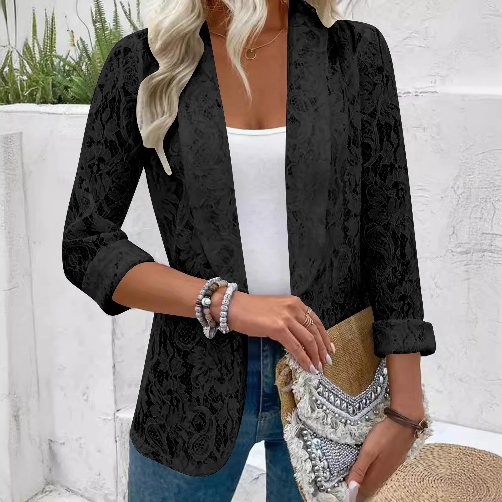 White Lace Hollow Out Women's Suit Coat Solid Open Stitch Blazers Outdoor Formal Business Jackets Lightweight Office Ladies Coat