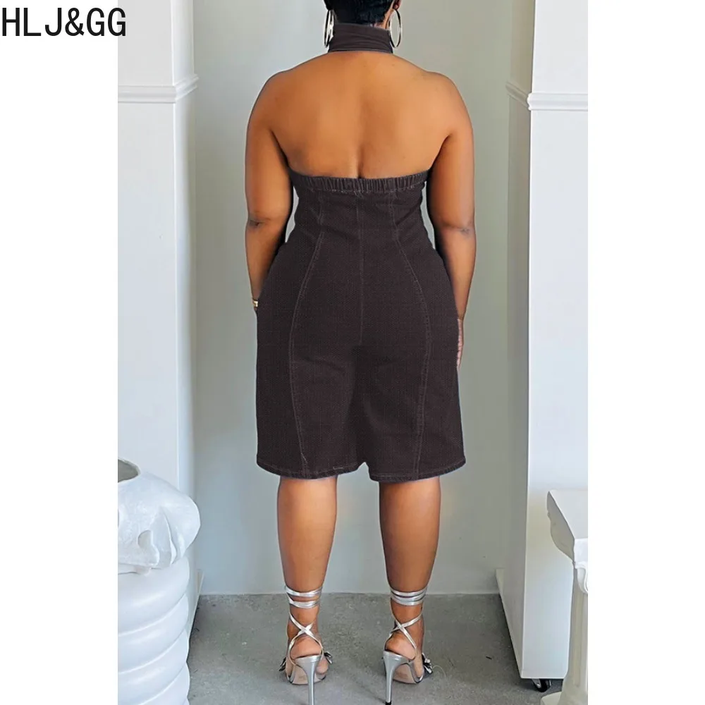 HLJ & GG Romper ramping wanita, jumpsuit elastis punggung terbuka Splicing Denim mode musim panas untuk wanita