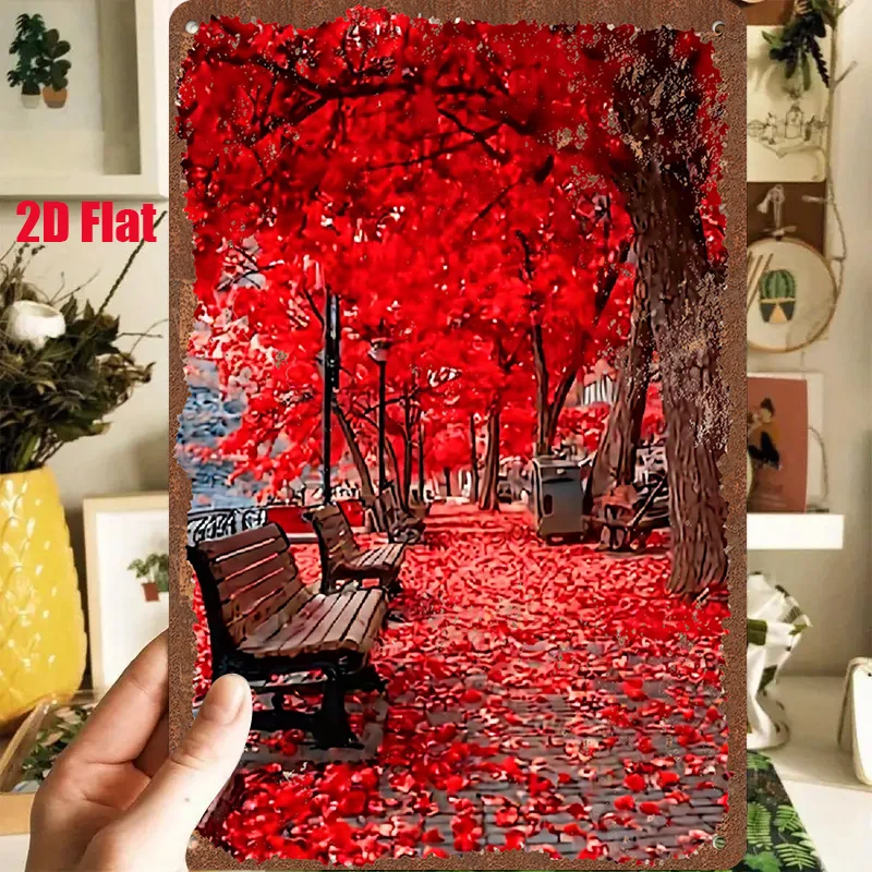 2D Flat - 1pc 2D [Flat] Metal Sign 'Autumn Leaves on a Bench' 8X12In/20X30Cm Depicts a Serene Scene of Autumn Leaves Covering a