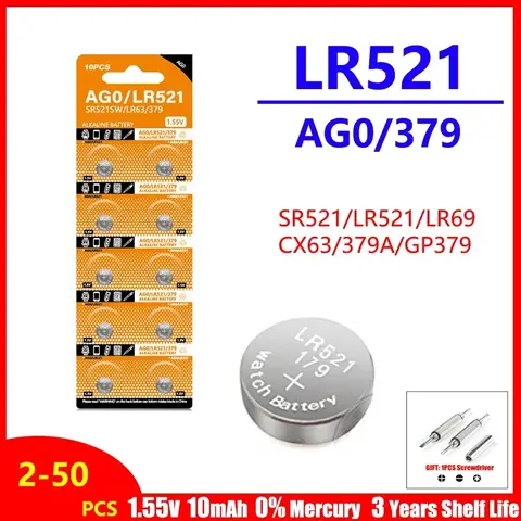 대용량 5-50PCS LR521 AG0 버튼 배터리 SR521SW 379A 379 D379 SR63 1.5V 알카라인 코인 셀 실버 산화물 시계 배터리