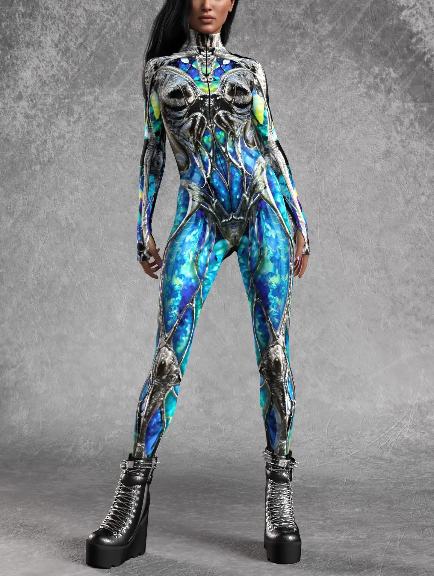 Damen Punk-Print Jumpsuit mit Unregelmäßigen Linien für Erwachsene, Cosplay-Bodysuit für Halloween, Karneval, Party, Auftritt, Radsport, Catsuit, Romper – Detail 3