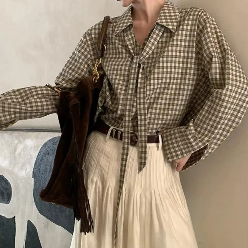 Chemisiers Vintage pour femmes, hauts décontractés à carreaux, mode ample, vêtements d'été de Style français, chemise coréenne à manches longues pour femmes