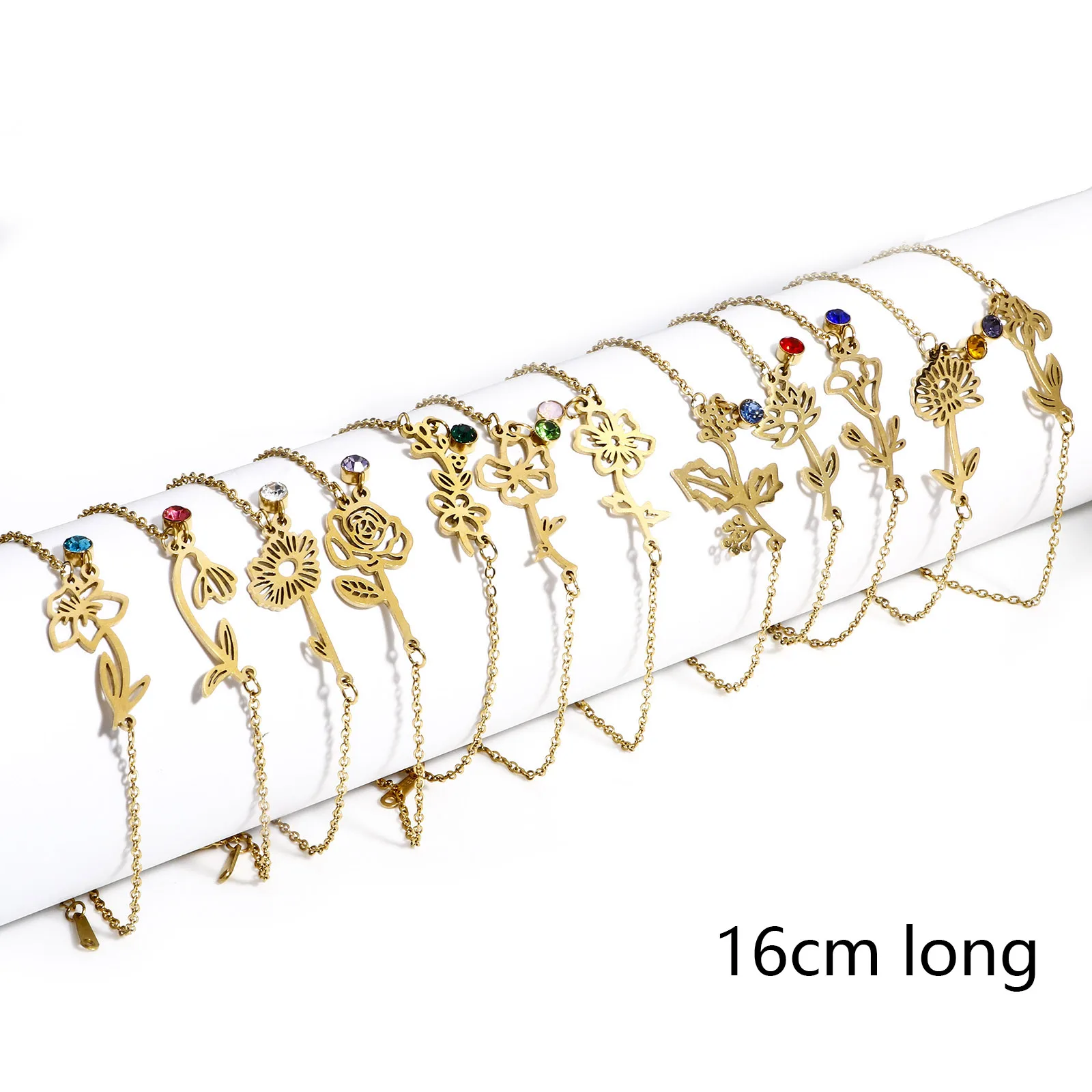 1PC Stainless Steel Birth 12 Month Flower Bracelet Birthstone Charms Gold Color Chain Bracelets For Women Jewelry Gift 16cm long