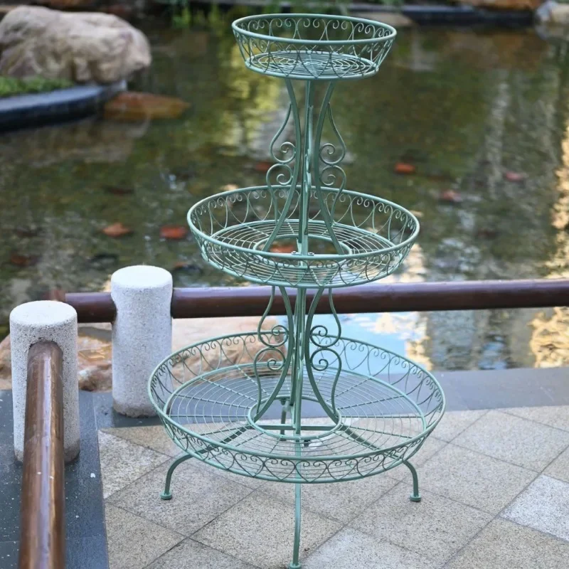 country wrought iron disc three-layer retro, large flower stand outdoor garden, plant potted balcony, multi-layer shelves