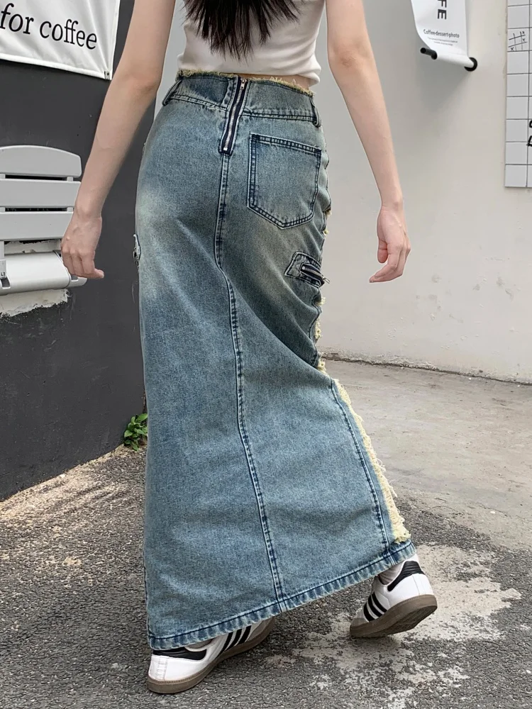 Gonna lunga in denim a sirena a tromba con foro lavato per donna Gonna slim a vita alta con nappe di media lunghezza