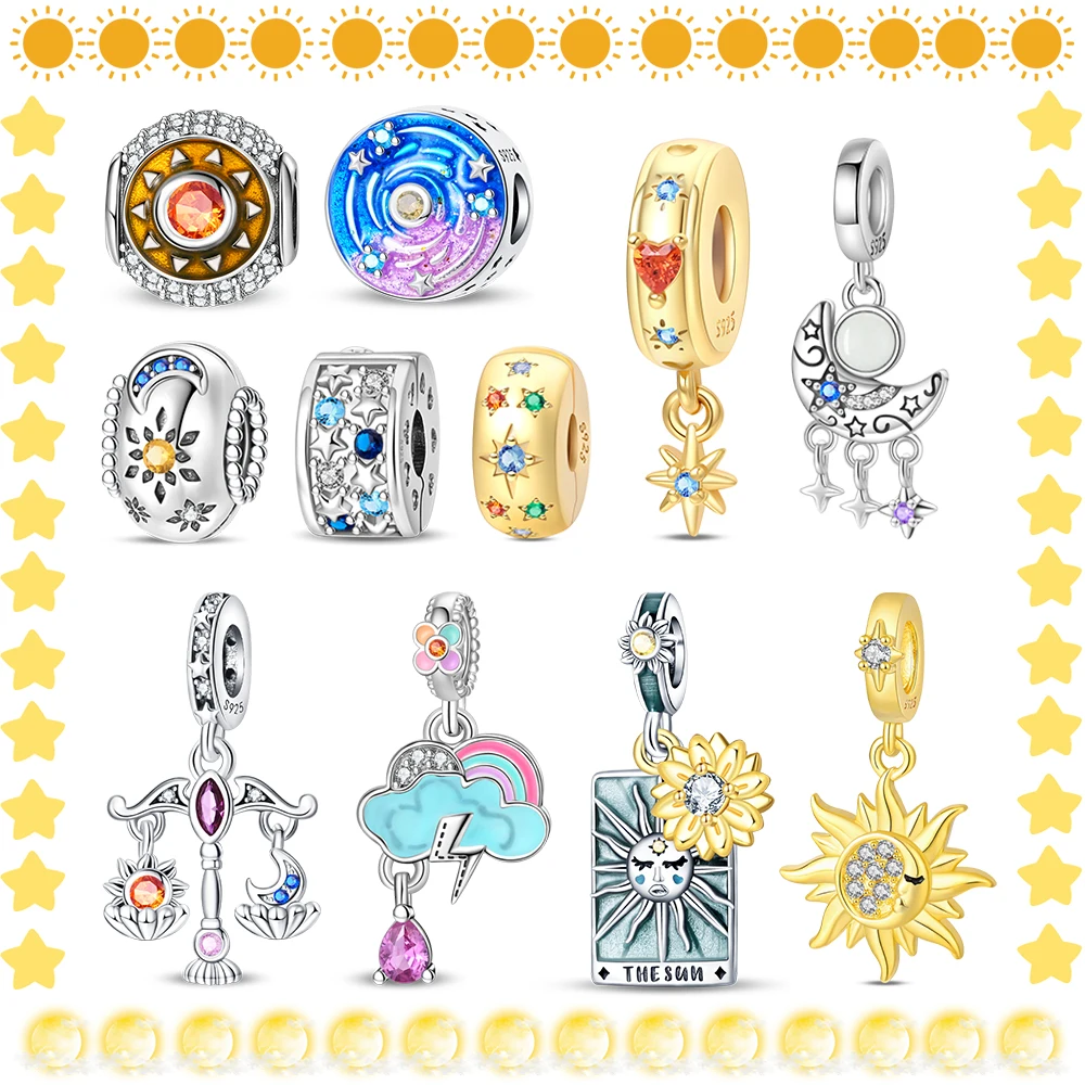 Shiny 925 Sterling Silver Stars Moon Sun Clouds Lightning Weather String Decoration Fit DIY Bracelet Necklace Small Scale Gifts