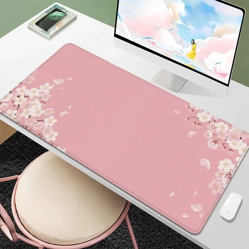 VIKAMA Cherry Blossom Large Mouse Pad, Fresh Ins Style Desk Mat with Anti-Slip Base & Stitched Edges, Girly Keyboard Pad