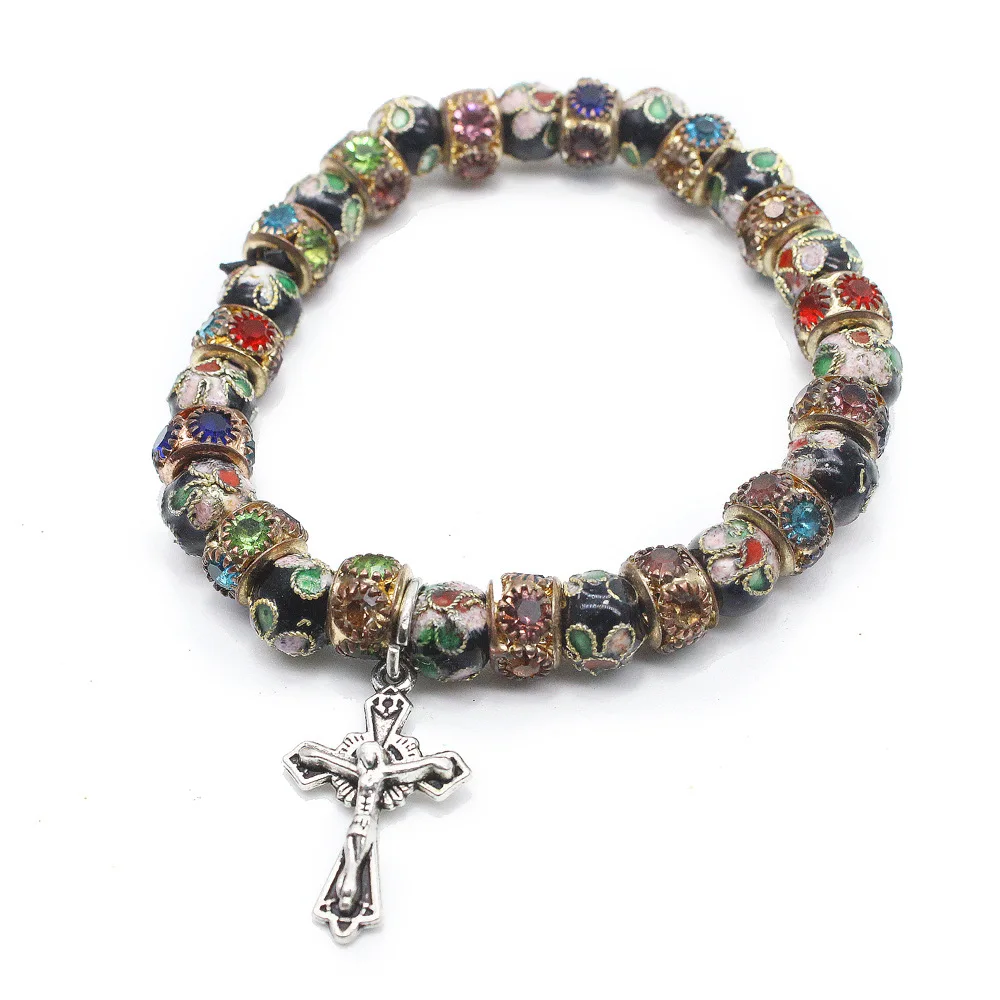 Cloisonne croce braccialetto utensili da chiesa santa benedtic taglie Siver Bead icona di cristo rosario regalo cattolico