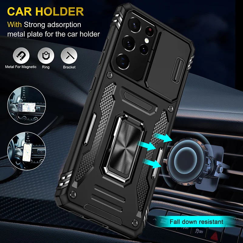 Slide Camera Protect Cover For Samsung Galaxy S21 FE S22 S 22 21 Ultra S22+ S20 Plus S10 Magnetic Metal Ring Bracket Armor Case