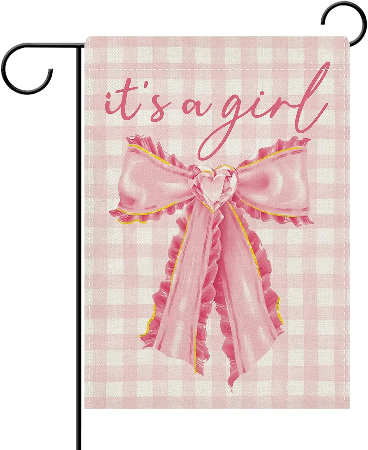 Dyrenson It's a Girl Pink Bow Decorative Garden Flag, Coquette New Birth Gender Reveal Plaid Gift for New Dad Mom, Baby  FFL IIC