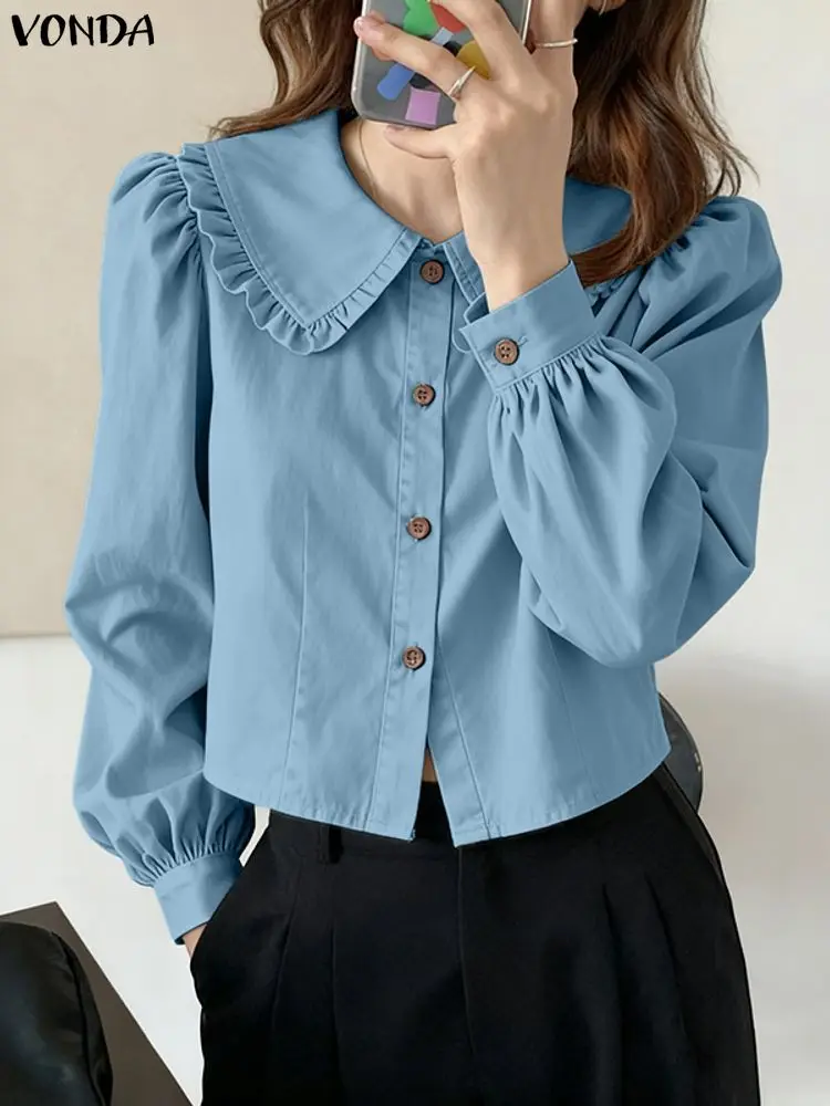 VONDA Fashion Shirts Women Long Puff Sleeve Casual Solid Blouse Spring Autumn Peter Pan Collar Elegant Office Lady Female Tops