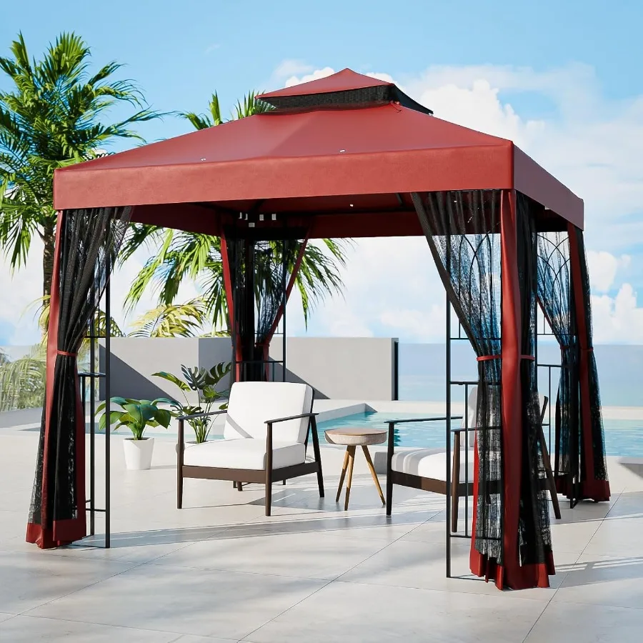 

8x8 Outdoor Patio Gazebo with Netting and Corner Shelves Two-Tier Soft Top Canopy for Backyard Lawn Deck and Garden Red - Provi