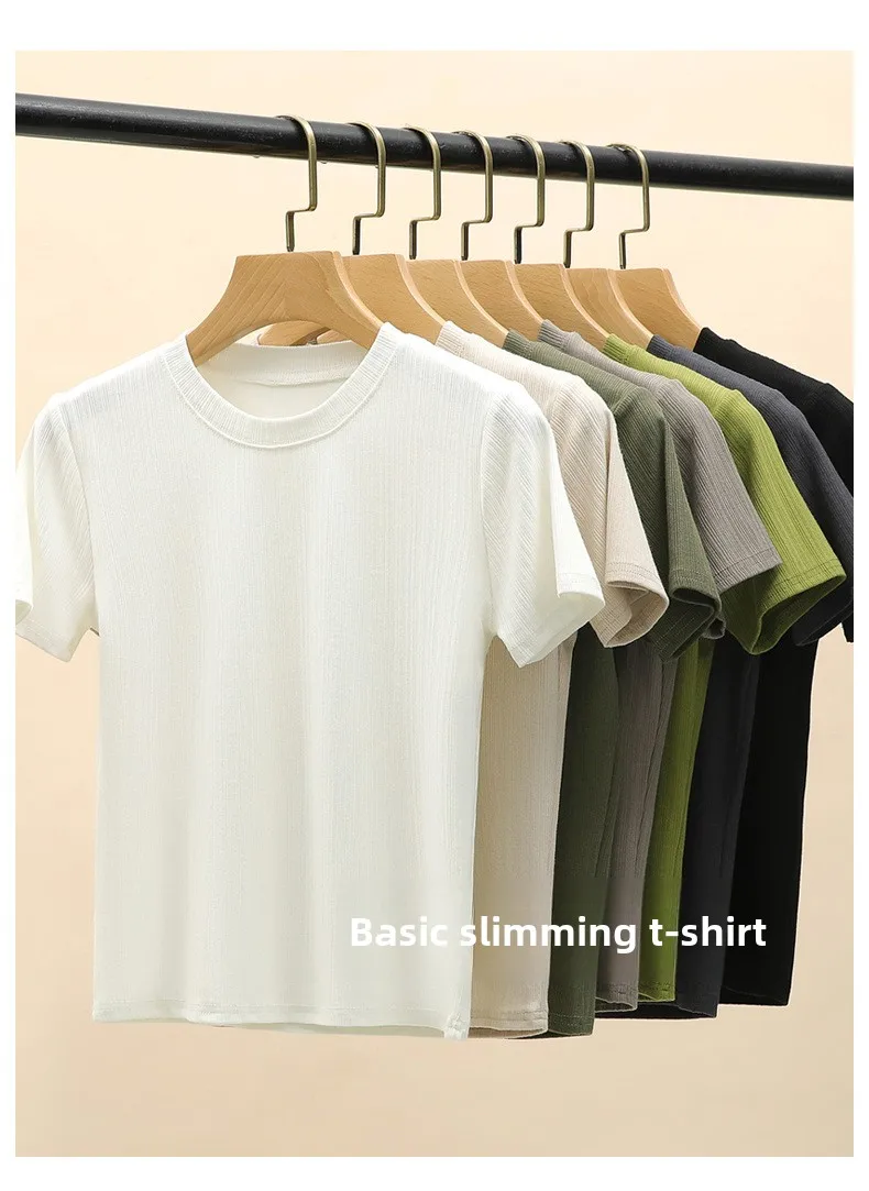 Sommerliches neues Damen-Rundhals-T-Shirt, gestricktes Kurzarm-Oberteil, lässiges Allround-T-Shirt, gestreiftes Basic-Shirt, schmal geschnitten, atmungsaktiv – Detail 8