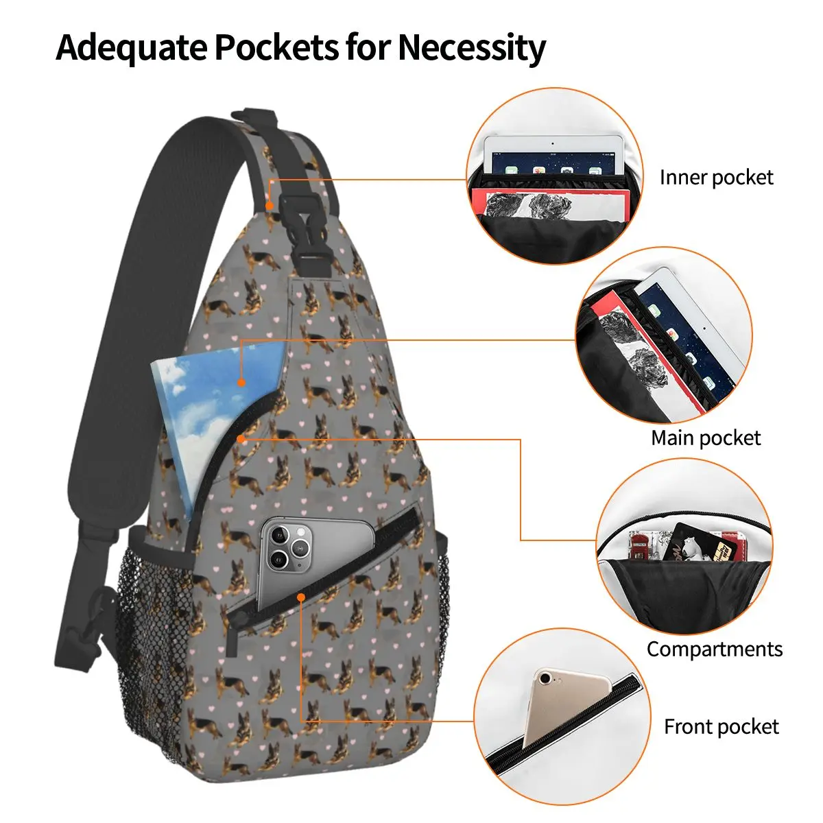 German Shepard Pattern Chest Bag Men Sling Crossbody Backpack Chest Bag Travel Hiking Daypack Shoulder Bag