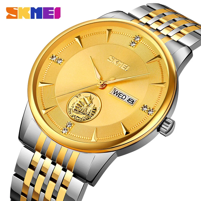 SKMEI Fashion Original Wrist Watches for Man Luxury Stainless Steel Strap Quartz Watch with Date Week Waterproof Sports Clock