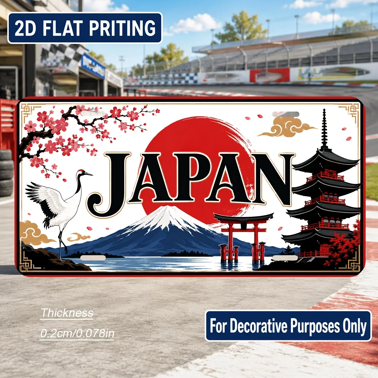 2D Flat, [2D Flat] 2D Flat Print, 1pc, Japanese-Style Cherry Blossom and Torii Gate Themed Vintage License Plate, Home Decor, Bi
