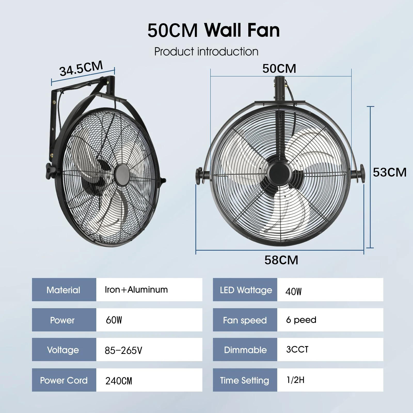50CM wandventilator met afstandsbediening, 6 snelheden en timer, verstelbare kantelhoek, elektrische ventilator, zwarte plafondventilator met verlichting