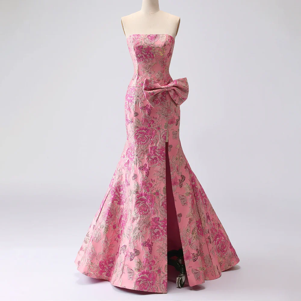 

Customzied Pink Mermaid Long Prom Dresses Embroidery Flowers with Bow Strapless Side Split Formal Occasion Party Gowns for Women