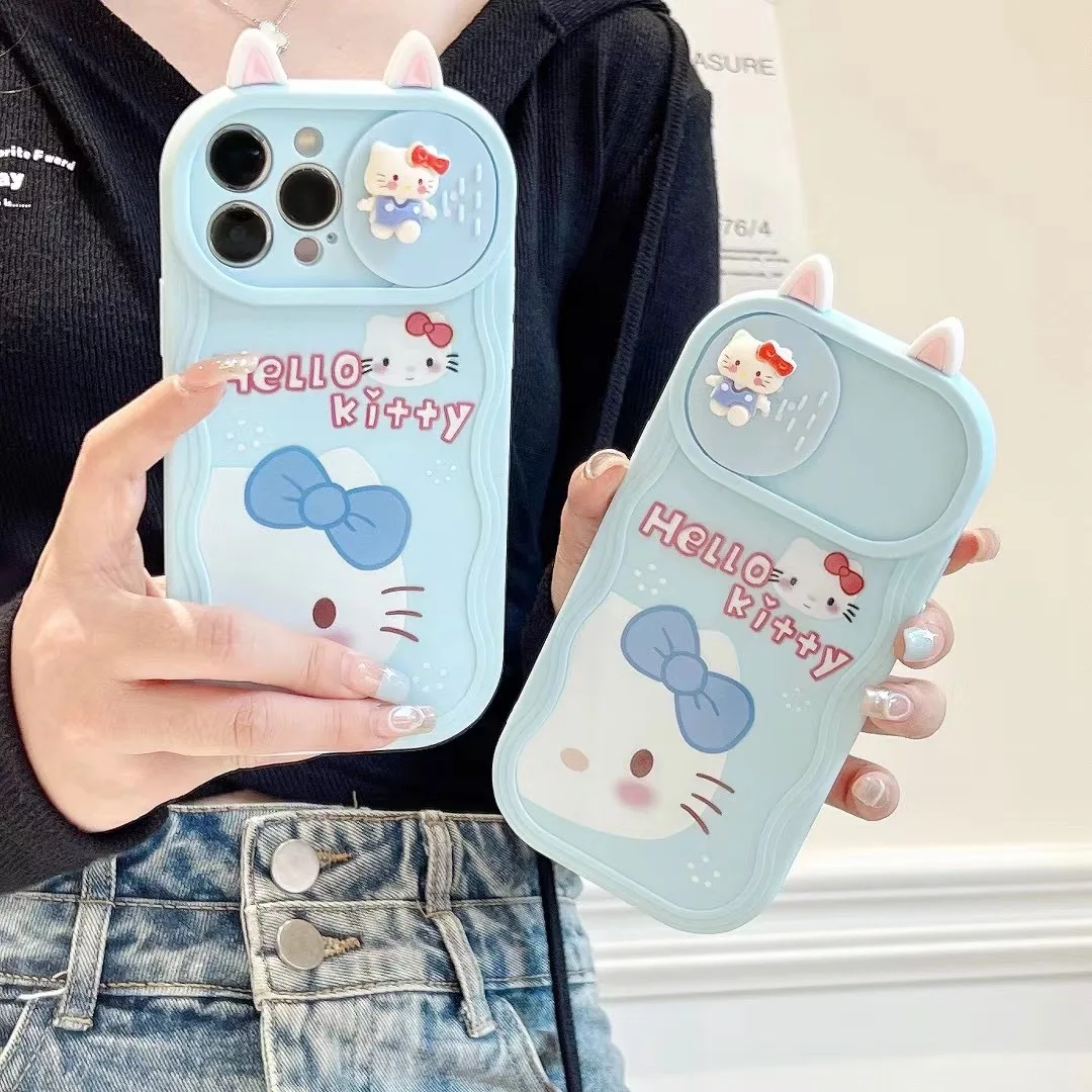 Blue Hello Kitty Toy Ears Cartoon Sliding Camera Soft Phone Case for iPhone 7 8 Plus 11 12 Pro 13 14 Plus 15 Pro Max Wave TPU