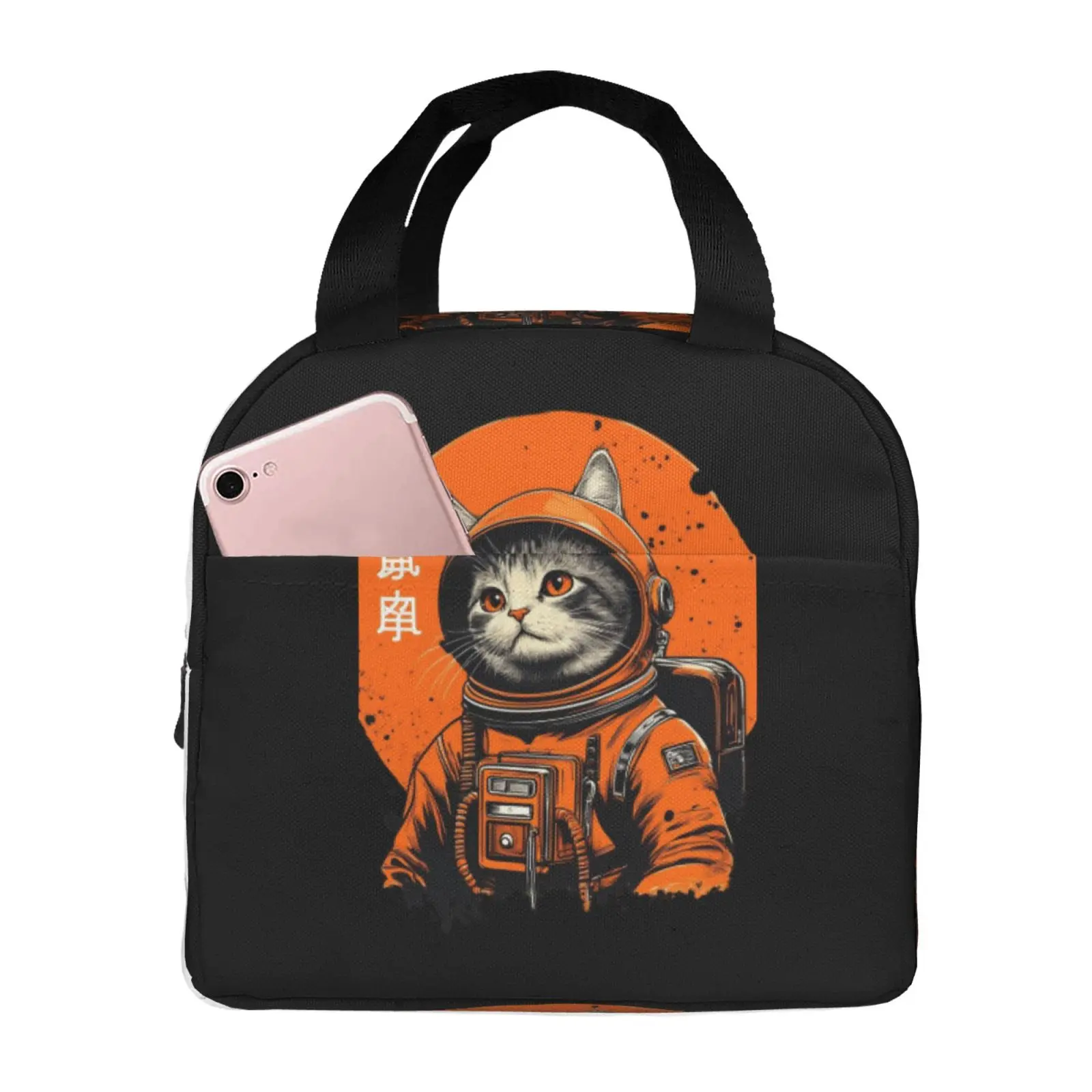 Cat Wearing Spacesuit Interesting Pattern Lunch Tote Bag Insulated Leakproof Lunch Box Container with Front Pocket for Girls Boy
