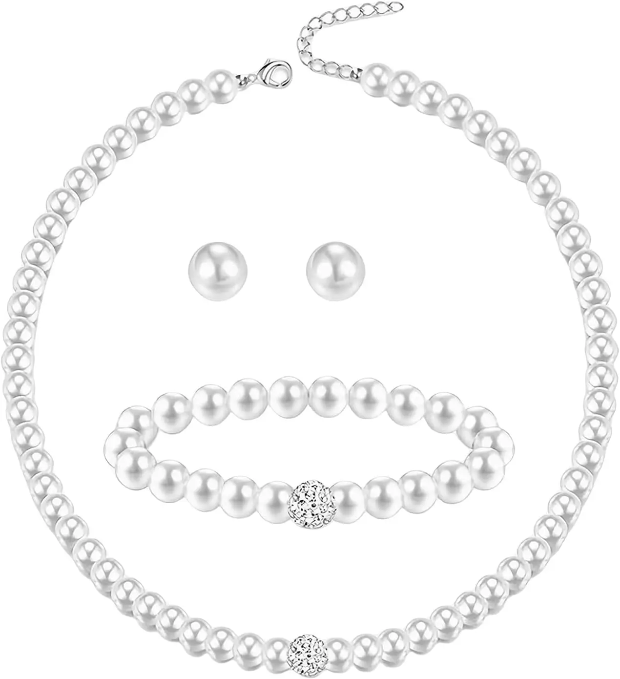 

Pearl Bride Wedding Jewelry Set Faux Pearls Crystal Rhinestone Necklace Earrings Bracelet Sets for Women Bridesmaid Wedding