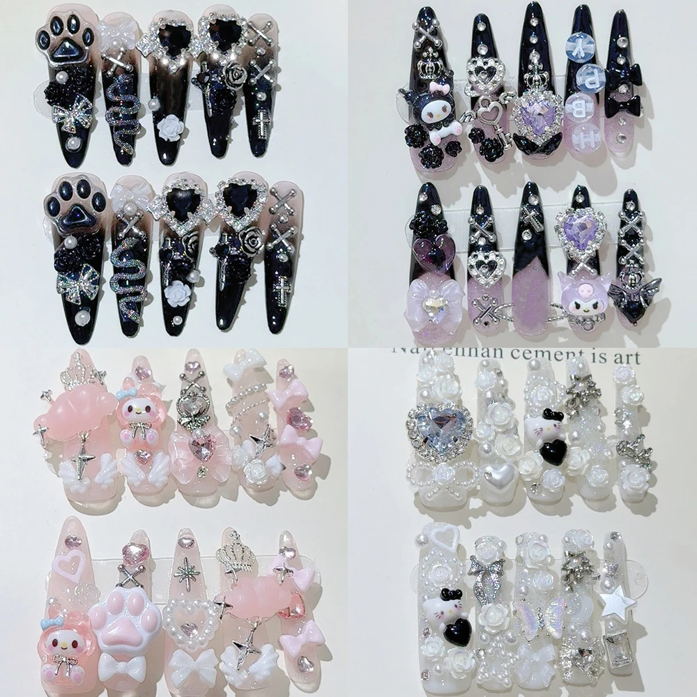 

Y2K 3D Hello Kitty My Melody Kuromi Handmade Long Coffin Stiletto Fake Nail Spice Girl Flowers Diamond Metal Bow Press On Nails