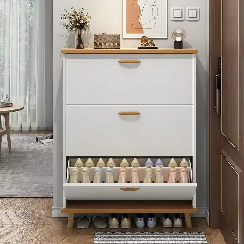 Modern Ultra-Thin 6-Tier Shoe Rack Cabinet with Flip Drawers Wooden Storage with Door Large MDF White Tipping Bucket Design