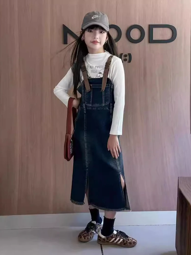 Meninas vestido outono 2024 outono novo estilo backstrap saia jeans moda crianças saia jeans coreano estilo simples vestido de moda