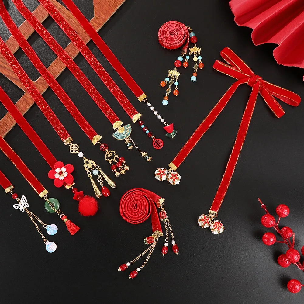 

Good Luck Tassel Satin Red Long Headband Bell Butterfly Girls Ribbon Head Rope Beads Plush Ball Chinese Long Hairband Spring