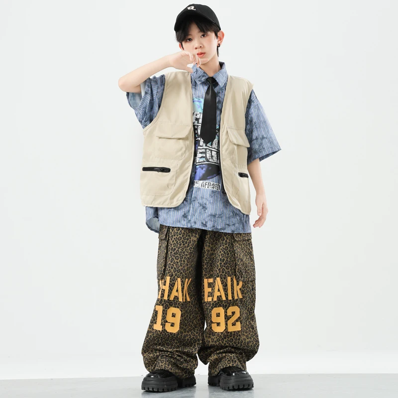 男の子ヒップホップ服ベストカーゴパンツ女の子 K-pop ストリートダンス衣装チョッキ子供服セット子供ショークールな衣装