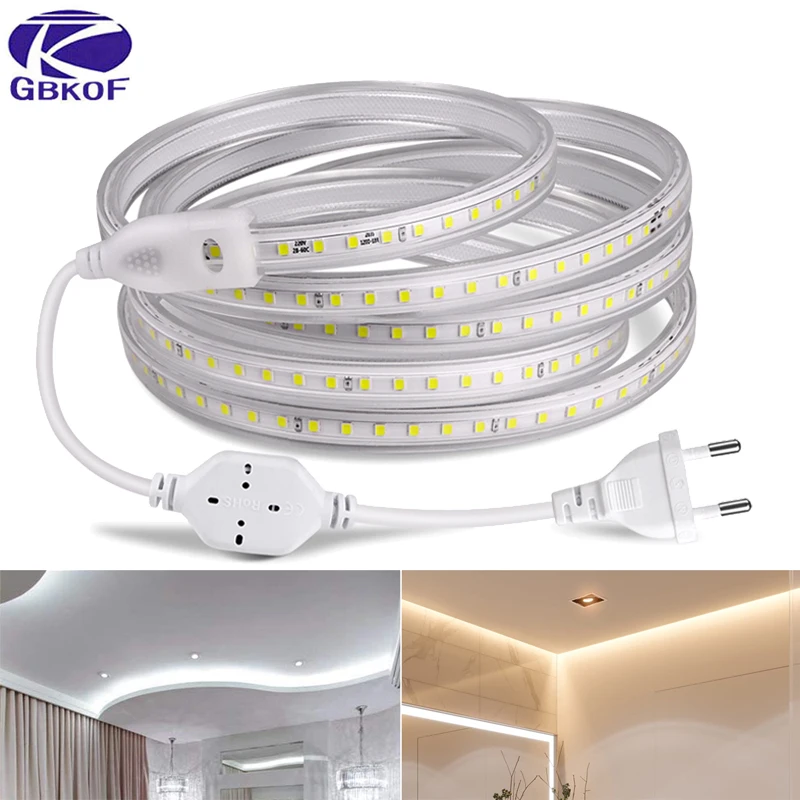 AC 220V LED Strip Lights Waterproof Led Light High Brightness Flexible Kitchen Outdoor Garden Lamp Tape With Switch Power Plug