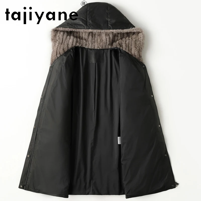 TAJIYANE 100% 최고급 양가죽 구스다운 코트 중간 길이 진짜 가죽 패딩 재킷 여성용 밍크 퍼 모자 2025 겨울