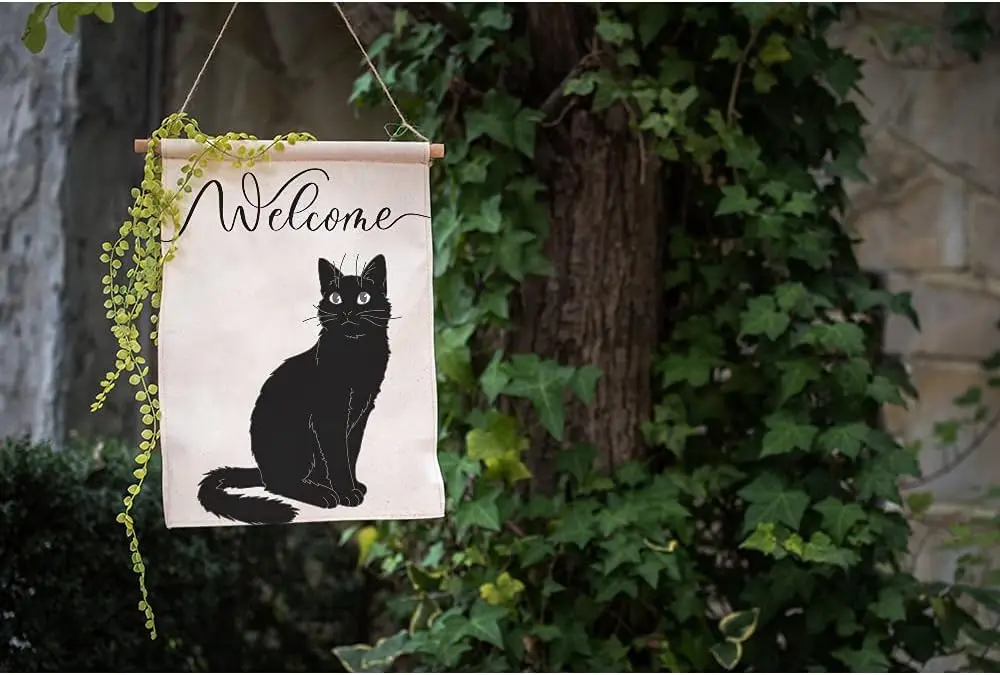 Moslion Black Cat Welcome Garden Flags Double Sided Cute Animal Kitten Sitting on The Ground Yard Flag 12.5x18 Inch Burlap Banne